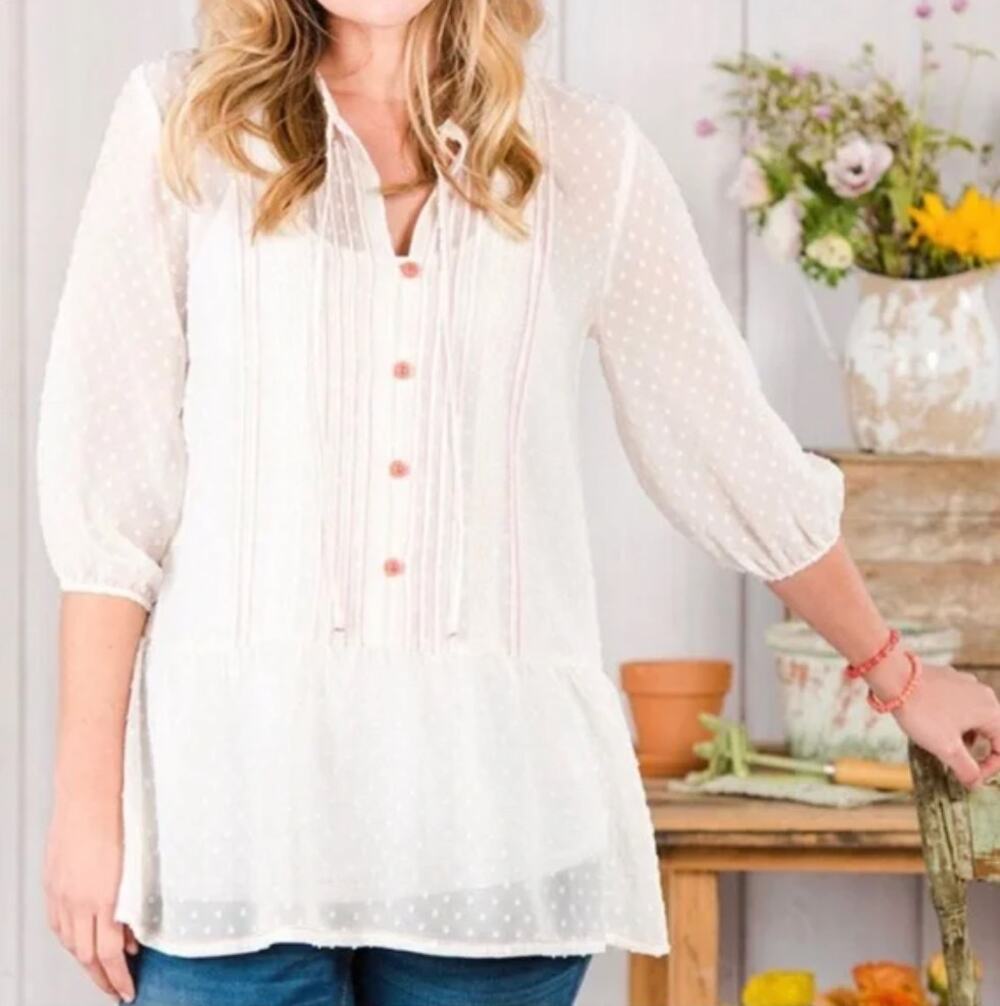 Matilda Jane Swiss Dot Peplum Blouse M Cream Coral Popover Peasant Cottage